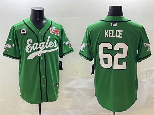 Mens Philadelphia Eagles #62 Jason Kelce Green 2025 Super Bowl LIX And 3-Star C Patch Stitched Baseball Jersey